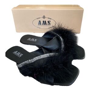 New AMS Black Feather Slippers American Slip On House Shoes Slides Rhinestone